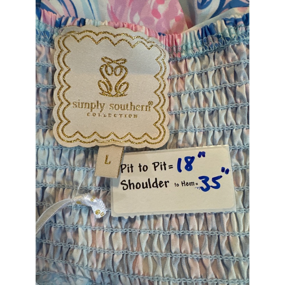 Simply Southern Oyster Tiered Mini Dress Blue Pink Ric-Rac Trim Large NEW - Picture 3 of 9